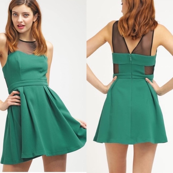 BCBGeneration Emerald Green Mesh Cutout Pleated Mini Dress 4 Small - Picture 1 of 12